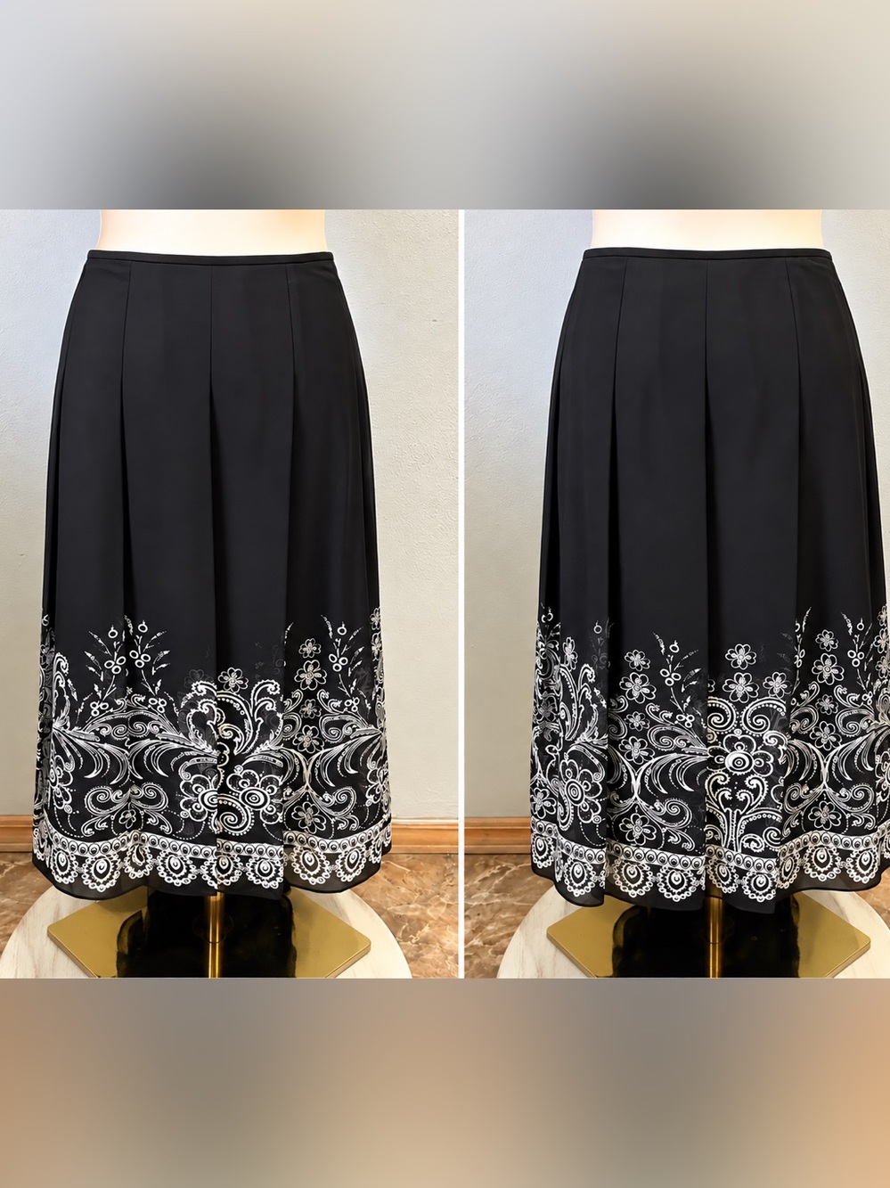 NWT Pendleton Silk Black White Paisley Floral Border Pleated A Line Midi Skirt
